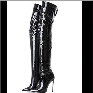 Shiny black pleather thigh high boots